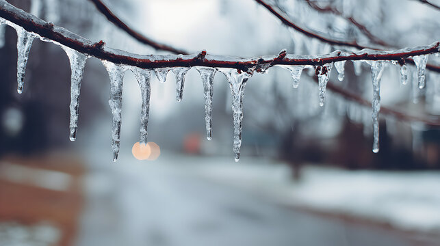Frozen beauty delicate icicles hang from a tree branch creating a stunning winter scene capturing the essence of cold weather showcasing winter frost and glistening ice formations