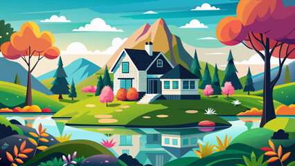 In the spring, there is an black and white house on top of green, grassy hills with colorful trees around it. The lake in front reflects its image