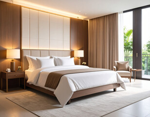 Hotel room with open glass windows