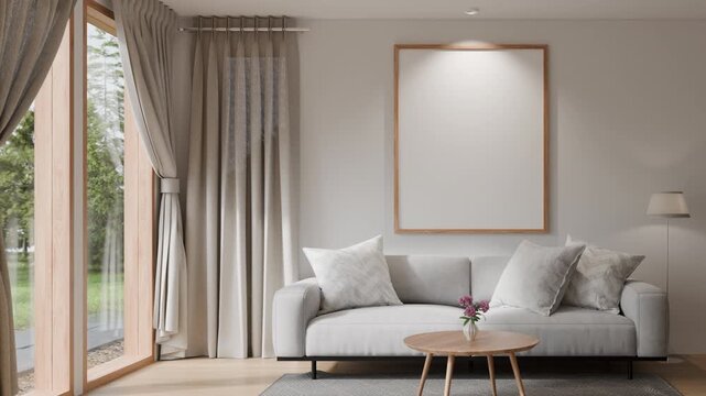 Modern living room with large windows, beige curtains, gray sectional sofa, coffee table, floor lamp, and framed wall art, featuring natural light and a serene view of green trees outside.