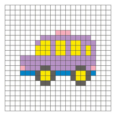 A flat pixel design made of geometric square color blocks on a clean grid layout. Pixel art minibus