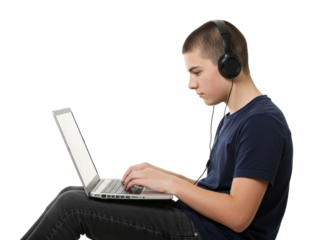 Teen engaged in online learning home study space digital content indoor environment side educational focus. Cut out png