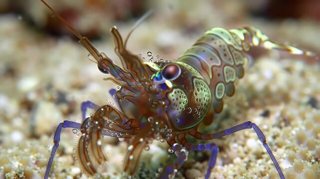 Vibrant marine shrimp with intricate patterns on ocean floor, detailed macro view of a fascinating underwater creature
