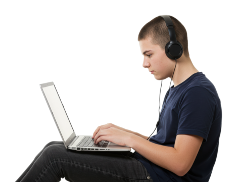 Teen engaged in online learning home study space digital content indoor environment side educational focus. Cut out png