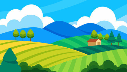 Obraz premium Scenic Hills and Farmlands with Blue Cloudy Sky and Scattered Trees