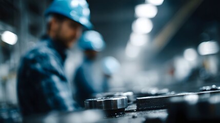 Obraz premium Factory workers operating assembly line hines in an industrial production setting
