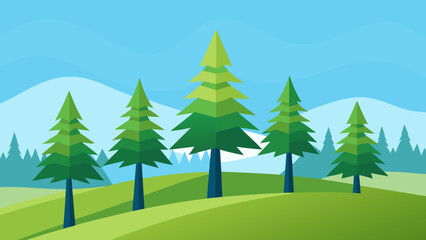 Fototapeta premium Lush Pine Trees on Grassy Slopes Under Light Blue Sky Backdrop