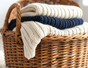 Obraz premium Rattan basket filled with knitted fabric