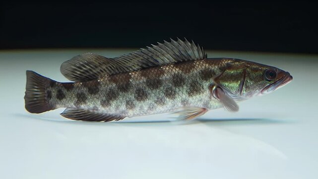 Small Mottled Freshwater Fish with Spotted Pattern on Reflective White Background