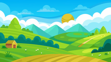 Obraz premium Charming Cartoon Countryside Scene with Rolling Green Hills and Sunny Skies