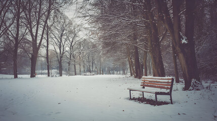 Serene winter park scene with a snow-covered bench surrounded by bare trees under a soft overcast sky evoking a sense of peace and quietude in the wintry landscape outdoors