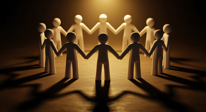 Teamwork, unity and community: Holding hands in a circle, representing collaboration, trust