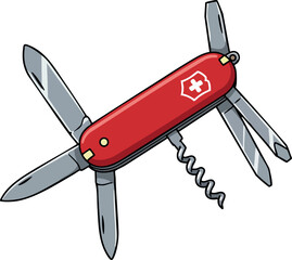 Swiss Army Knife with Multiple Tools Opened Red Handle Vector Illustration 