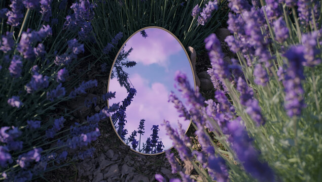 Reflection of a lavender field in a mirror with blue sky. Mirror reflection of lavender flowers in the garden. Summer landscape.