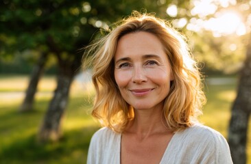 Close-up of a smiling middle-aged woman with curly blonde hair in a park during golden hour, enjoying nature and sunshine with trees and greenery in the background