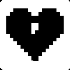 A pixelated heart made from small squares, creating a retro, digital aesthetic.