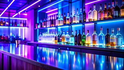A stylish bar interior with a glowing display of liquor bottles, bathed in the futuristic purple and blue neon ambiance of a modern nightclub.