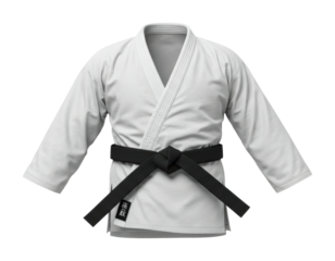 Martial arts training session dojo apparel indoor traditional karate gi with black belt. Cut out png