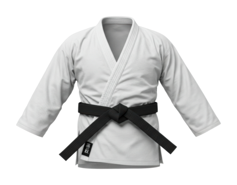 Martial arts training session dojo apparel indoor traditional karate gi with black belt. Cut out png