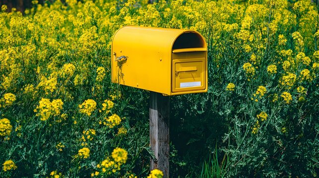 Yellow mailbox in a field of yellow flowers.