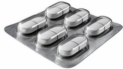 Green and white capsules in blister pack for vitamins and supplements