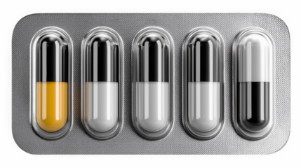 Orange and white capsules in blister pack for vitamins and supplements market