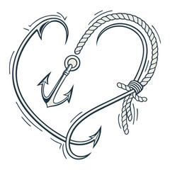 Creative minimal line art of fishing hooks forming a heart shape, perfect for fishing club logos, romantic fishing designs, and outdoor lifestyle branding.