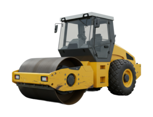 Construction equipment in action road roller operating on construction site urban environment dynamic viewpoint. Cut out png