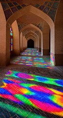 Colorful stained glass light patterns on a mosque aisle