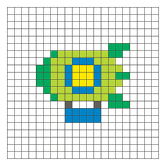 A flat pixel design made of geometric square color blocks on a clean grid layout. Pixel art zeppelin © Adpragus