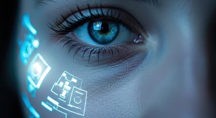 Close-up eye with glowing blue UI elements projected onto face
