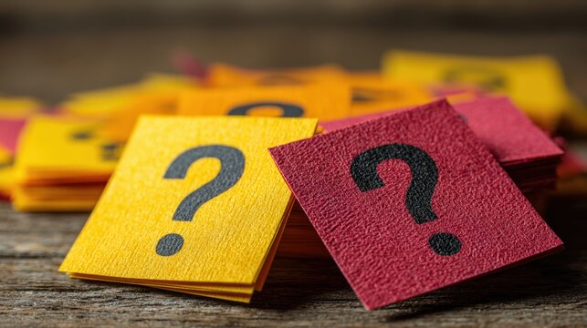 Close-up of colorful question mark cards on wooden , symbolizing inquiry and curiosity