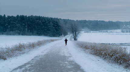 Invigorating winter running through a snowy landscape person jogging on a frosted path towards a distant horizon exercise and fresh air in the chilly countryside