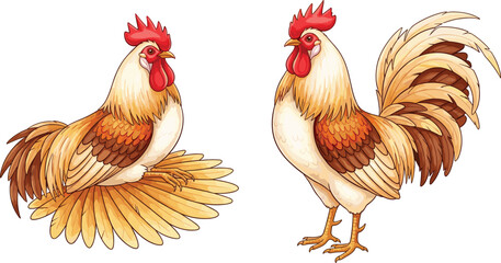 Two colorful roosters, cartoon style illustration, farm animal artwork, standing and sitting pose, poultry bird, vibrant feathers, rural life