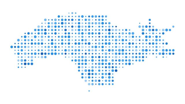 Samos dotted digital map. Map of Samos with pulsating colored circles. Shape of the island filled with blue disks. Appealing video.