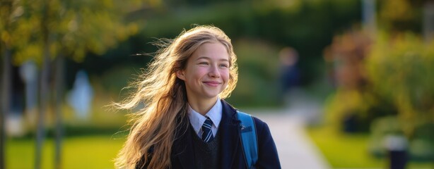 The Schoolgirl Smiling in Uniform Walking Outdoors with Backpack Under Bright Sunshine