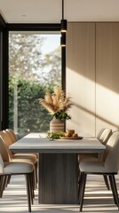 Obraz premium A dining table with chairs and a vase on it
