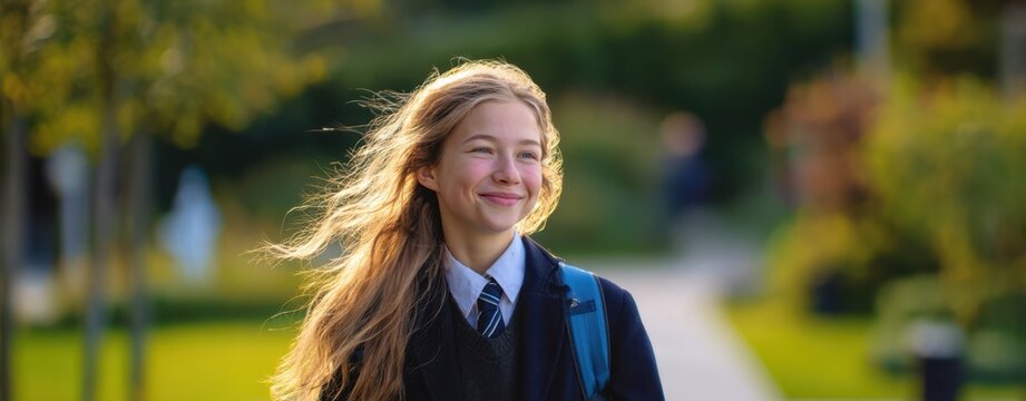 The Schoolgirl Smiling in Uniform Walking Outdoors with Backpack Under Bright Sunshine