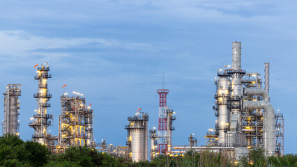 Oil and gas refinery plant at night, Global business energy logistic transportation, Oil and gas refinery petrochemical industrial, Petrochemical refinery industrial energy supply chain.