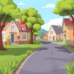 Cartoon village, background atmosphere - there are houses and trees.