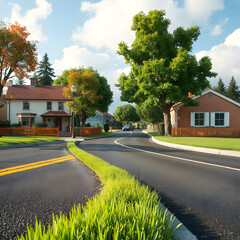 Cartoon village, background atmosphere - there are houses and trees.