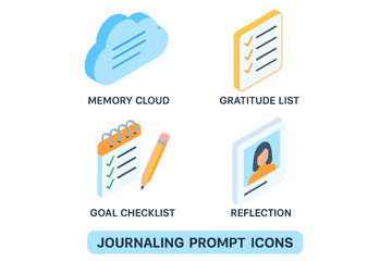 Journaling prompt icons set – self reflection, creative writing, mindfulness diary, simple line style
