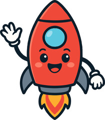 Cute cartoon rocket ship mascot with a smiling face and waving hand, perfect for space, science, innovation, and education-themed vector illustrations