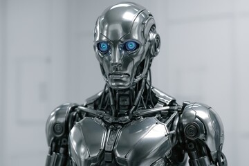 A close-up of a futuristic silver robot with piercing blue eyes. Artificial intelligence merges with advanced robotic design.