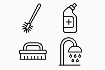Obraz premium Bathroom cleaning icons set – hygiene products, household chores, sanitation tools, simple line style