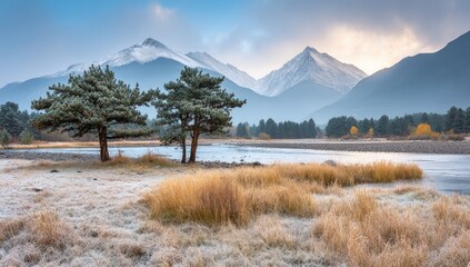 Mountain lake at dawn, frosted meadow