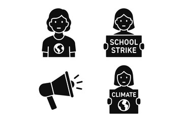 Youth climate activists icons set – environmental movement, sustainability awareness, protest and action, simple line style