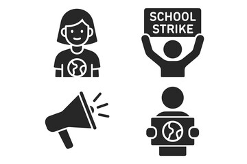 Youth climate activists icons set – environmental movement, sustainability awareness, protest and action, simple line style