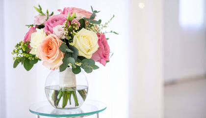 Obraz premium a floral arrangement is showcased prominently in a bright setting. the arrangement is set in a clear, globe shaped vase filled with water, showcasing the stems of the flowers