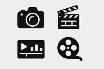 Video production tools icons set – filmmaking equipment, editing, recording gear, simple line style